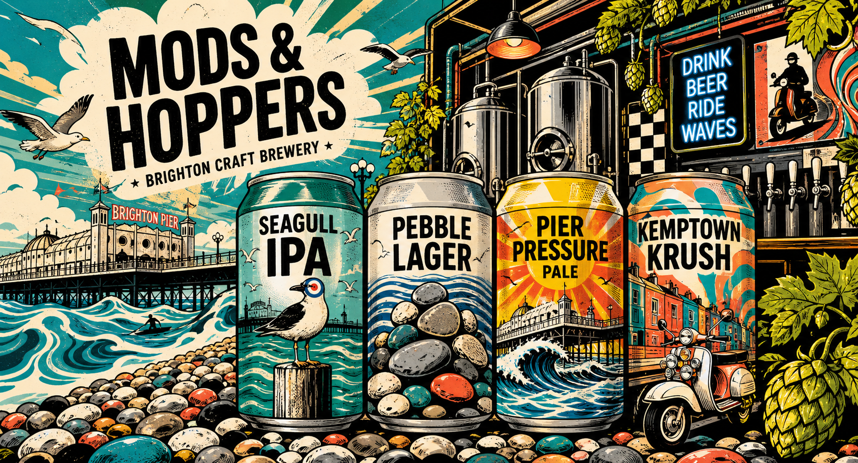 Illustrated Mods and Hoppers beer cans on Brighton seafront with brewery tanks and waves